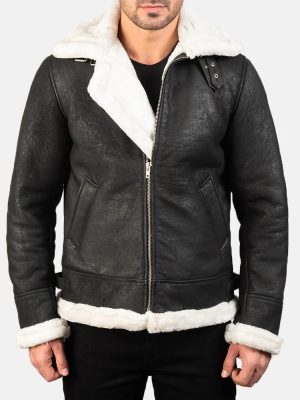 Men’s Francis B-3 Distressed Black Leather Bomber Jacket