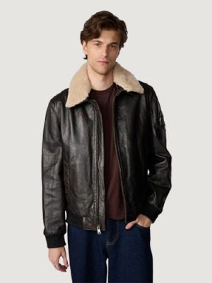 Men’s Jimmy Leather Aviator Bomber Jacket With Shearling Collar