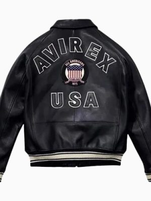 Men’s Avirex Real Leather Jacket Black Flight Bomber American Varsity