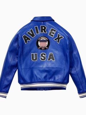 Men’s Avirex Real Leather Jacket Blue Flight Bomber American Varsity
