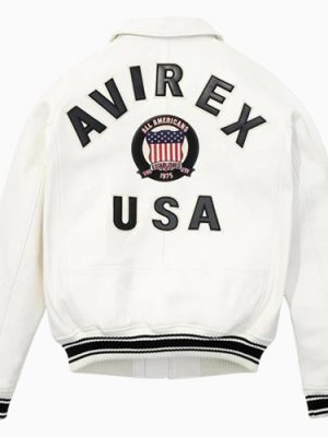 Men’s Avirex Real Leather Jacket White Flight Bomber American Varsity