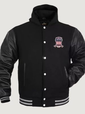 Men’s Avirex Varsity Bomber Solid Black Wool Body & Leather Sleeves jacket