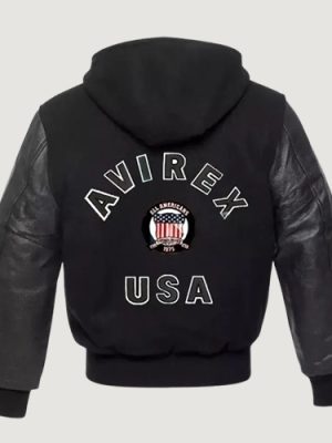 Men’s Avirex Varsity Bomber Solid Black Wool Body & Leather Sleeves jacket