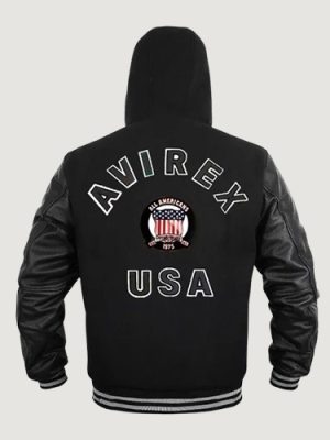 Men’s Avirex Varsity Bomber Solid Black Wool Body & Leather Sleeves jacket