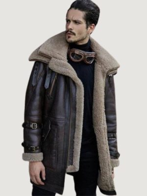 Men’s B3 Flight Brown Jacket Men’s Shearling Aviator Fur Long Coat