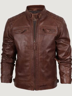 Men’s Biker Style Brown Leather Jacket – Quilted Shoulder
