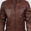 Men’s Biker Style Cognac Leather Jacket – Quilted Shoulder