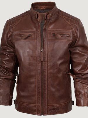 Men’s Biker Style Cognac Leather Jacket – Quilted Shoulder