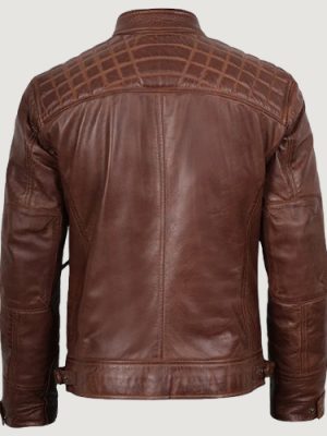 Men’s Biker Style Cognac Leather Jacket – Quilted Shoulder