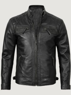 Men’s Black Biker Style Leather Jacket Quilted Shoulder