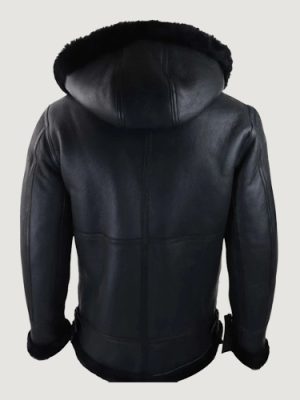 Men’s Black Leather Sherling Sheepskin Hood Jacket Aviator Flying Pilot