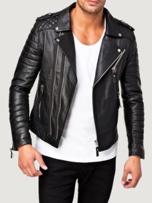 Men’s Black Quilted Genuine Lambskin Leather Biker Jacket