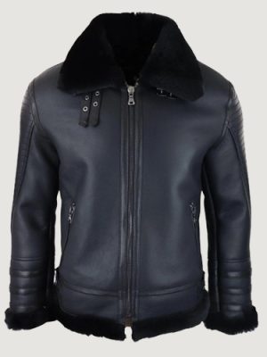 Men’s Black Real Sheepskin Flying Jacket Zipped WW2 Pilot Black Winter Warm Coat