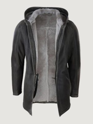 Men’s Black Soft Sheepskin Hood Jacket Coat Classic Warm Winter