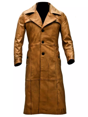 Men’s Brown Leather Trench Long Coat Vintage Distressed