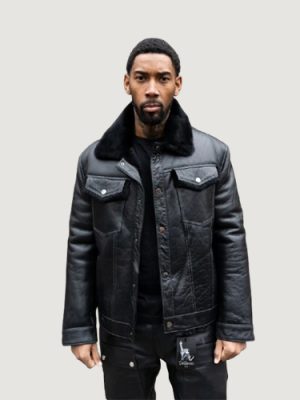 Men’s Cognac Denim Style Black Shearling Jacket