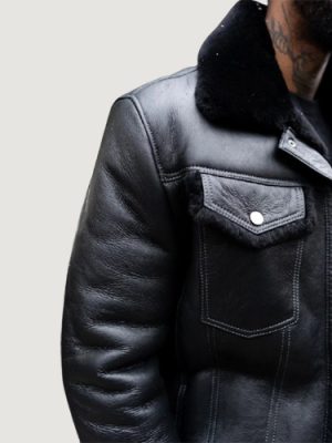 Men’s Cognac Denim Style Black Shearling Jacket