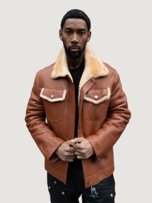 Men’s Cognac Denim Style Brown Shearling Jacket
