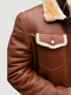 Men’s Cognac Denim Style Brown Shearling Jacket