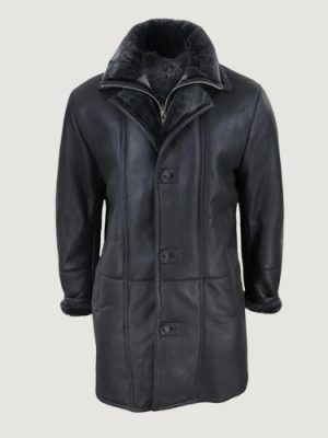 Men’s Duffle Jacket Sheepskin Long Button Zip Warm – Black
