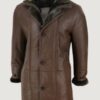 Men’s Duffle Jacket Sheepskin Long Button Zip Warm Brown