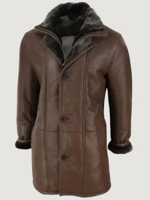 Men’s Duffle Jacket Sheepskin Long Button Zip Warm Brown