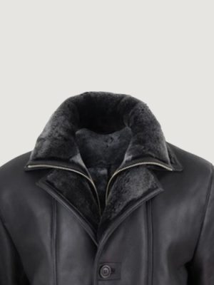 Men’s Duffle Jacket Sheepskin Long Button Zip Warm – Black