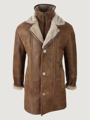 Men’s Duffle Jacket Sheepskin Long Button Zip Warm – Tan