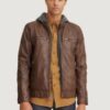 Men’s Faux-Leather Brown Jacket With Hood