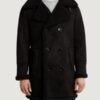 Men’s Faux Shearling Lined Black Double-Breasted Overcoat