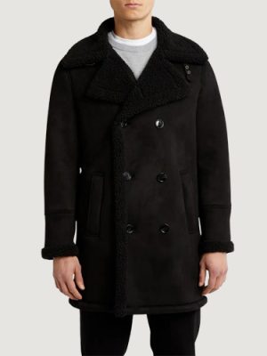 Men’s Faux Shearling Lined Black Double-Breasted Overcoat