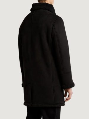 Men’s Faux Shearling Lined Black Double-Breasted Overcoat