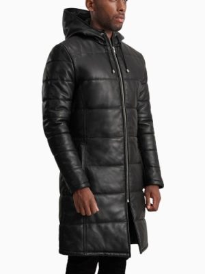 Men’s Floyd Black Hooded Leather Puffer Coat