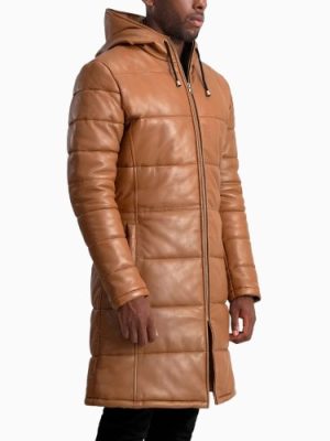 Men’s Floyd Tan Hooded Leather Puffer Coat