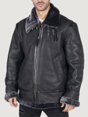 Men’s Genuine Sheepskin Leather B3 Flying Aviator Vintage Black Teddy Sheep Fur