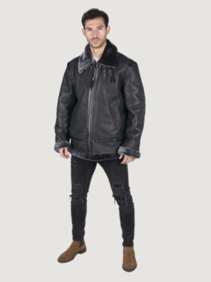 Men’s Genuine Sheepskin Leather B3 Flying Aviator Vintage Black Teddy Sheep Fur