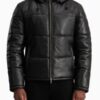 Men’s Gordon Black Hooded Leather Puffer Jacket - Image 2