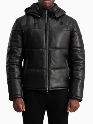 Men’s Gordon Black Hooded Leather Puffer Jacket