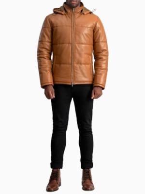 Men’s Gordon Tan Brown Hooded Leather Puffer Jacket