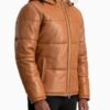 Men’s Gordon Tan Brown Hooded Leather Puffer Jacket - Image 2