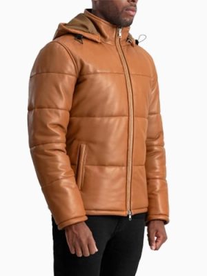 Men’s Gordon Tan Brown Hooded Leather Puffer Jacket