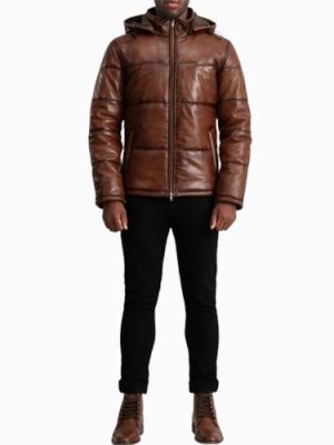 Men’s Gordon Waxed Brown Hooded Leather Puffer Jacket