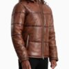 Men’s Gordon Waxed Brown Hooded Leather Puffer Jacket - Image 2