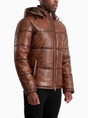 Men’s Gordon Waxed Brown Hooded Leather Puffer Jacket
