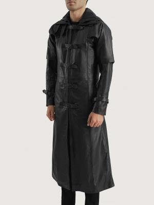 Men’s Huntsman Black Hooded Leather Trench Coat