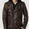 Men’s Jaxson Hooded Brown Moto Jacket - Image 2