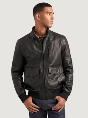 Men’s Lamb Bomber Black Jacket With Rib Knit
