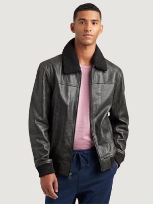 Men’s Leather Aviator Black Bomber Jacket With Detachable Faux Fur