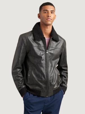 Men’s Leather Aviator Black Bomber Jacket With Detachable Faux Fur