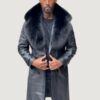 Men’s Leather Trench Peacoat Black With Black Fox